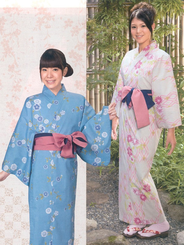 Pretty Flower (Blue) & Flower Crest (Gray) Yukata Kimono