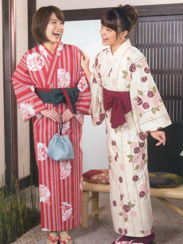 Lespedeza (Red) & Rose (White) Yukata Kimono