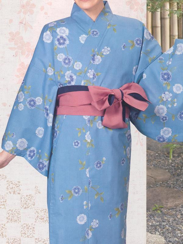 Pretty Flower (Blue) & Flower Crest (Gray) Yukata Kimono